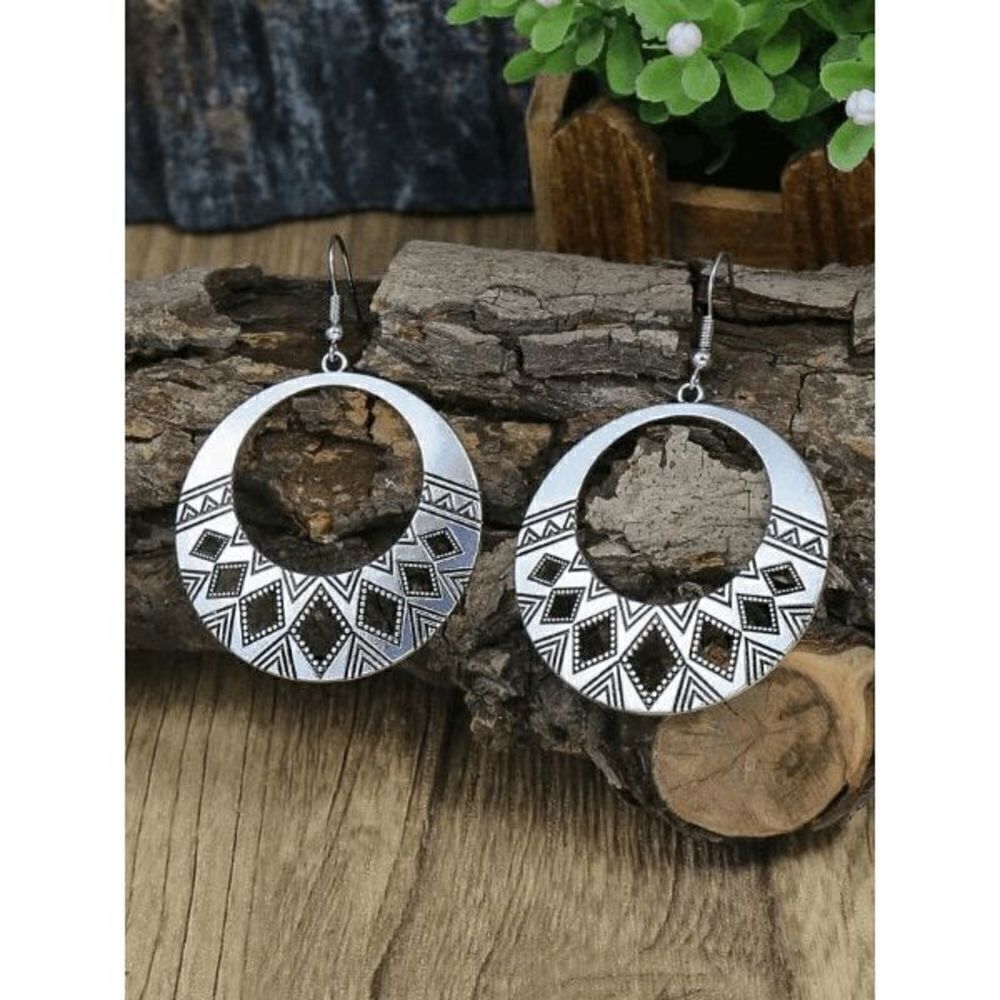 SILVER WESTERN SOUTHWESTERN ROUND DANGLE EARRINGS